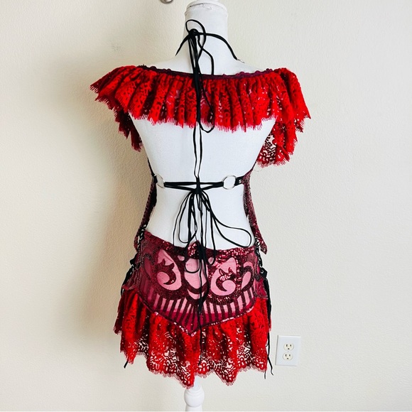 Disco X Lux OOAK Red Wedding Sequin 4 Piece Ruffle Skirt & Arm Warmers Set - Picture 6 of 11